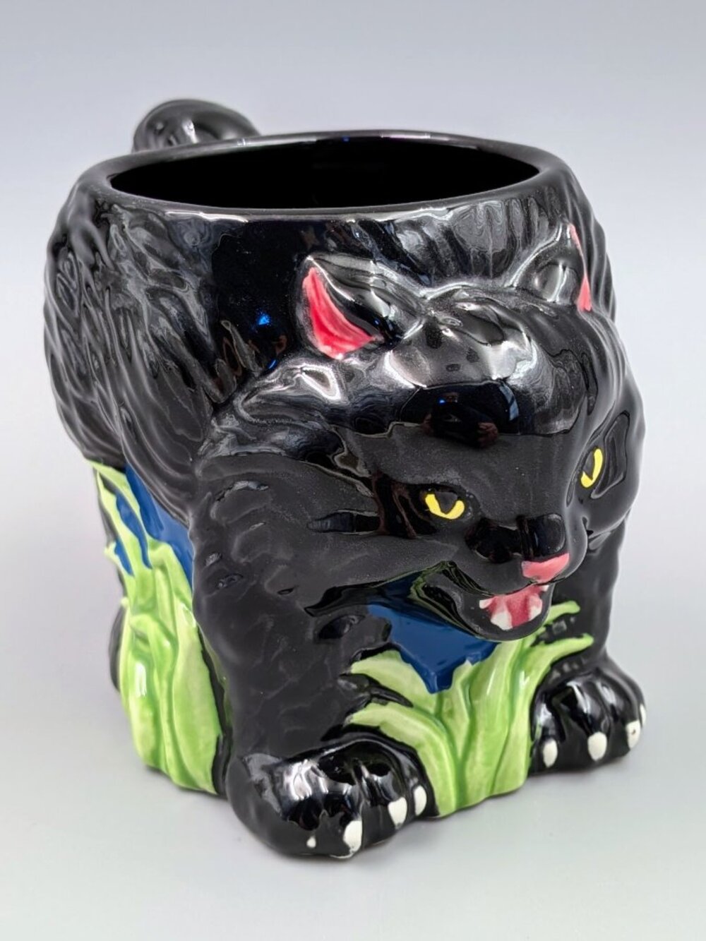 Vintage Applause Ceramic Black Cat Halloween Mug - 3D Figural Hissing Cat  Coffe
